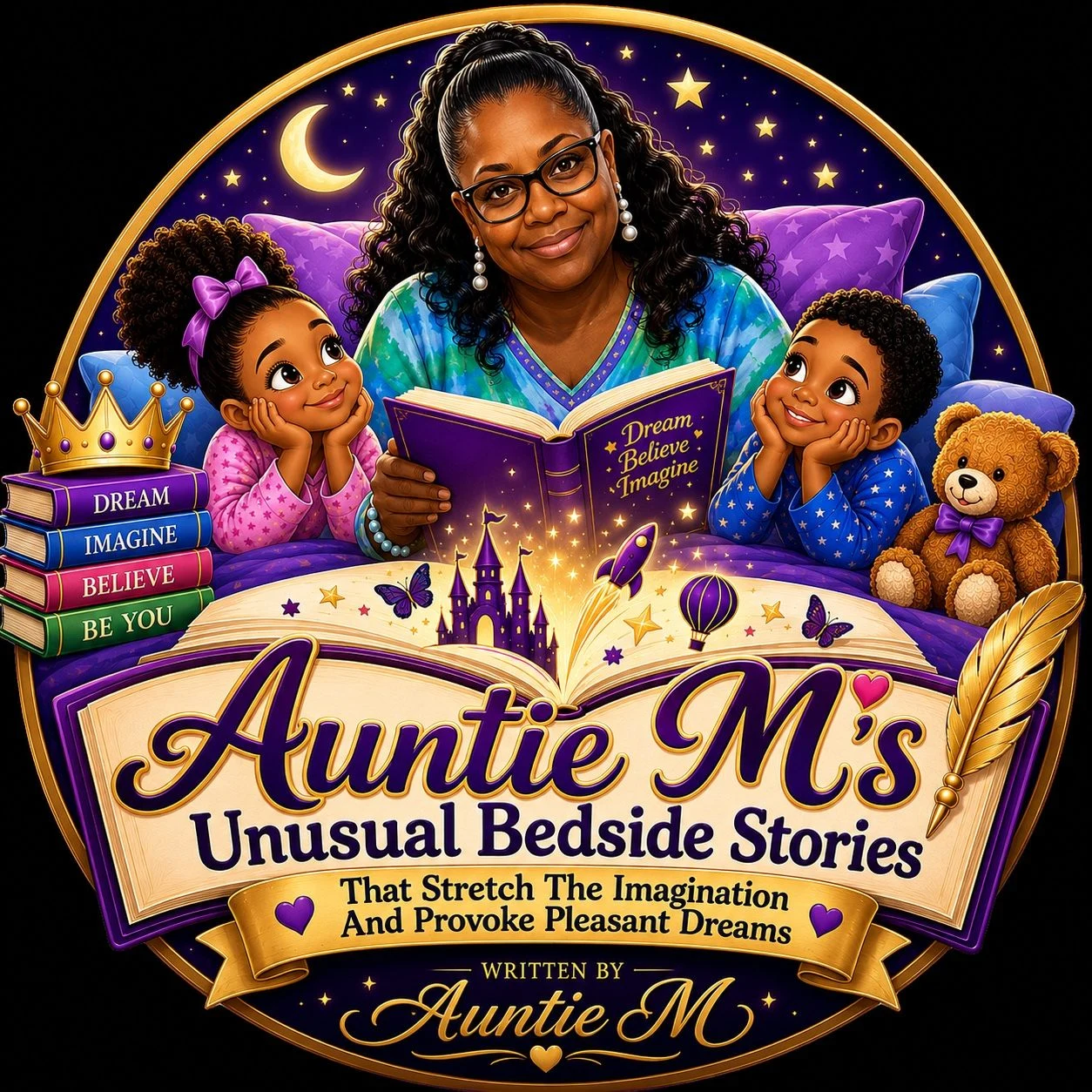 Auntie M reading a magical bedtime story with two children