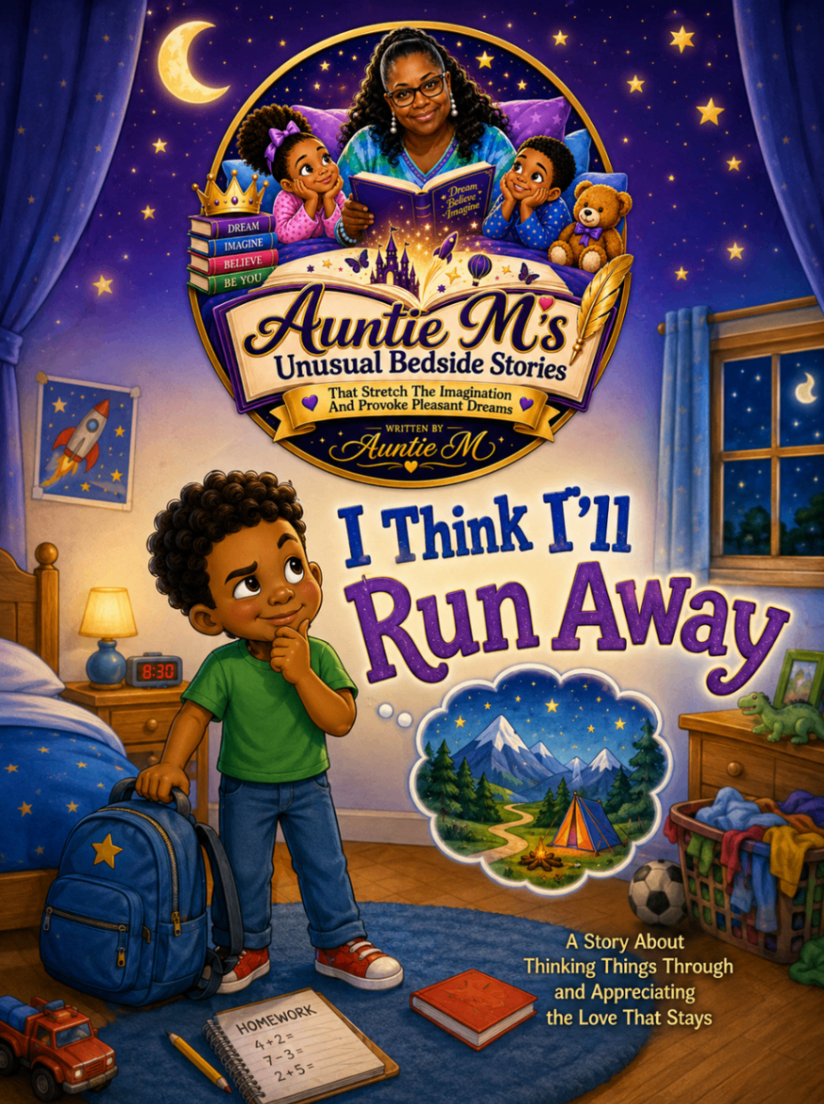 Illustrated cover for I Think I’ll Run Away showing a child with a backpack in a bedroom beneath a starry night scene, with Auntie M reading to two children